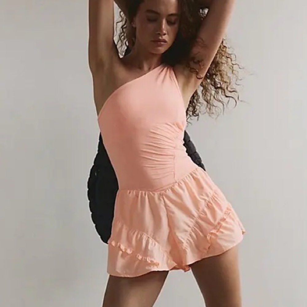 FP Movement by Free People Peach One-Shoulder Romper with Tiered Shorts